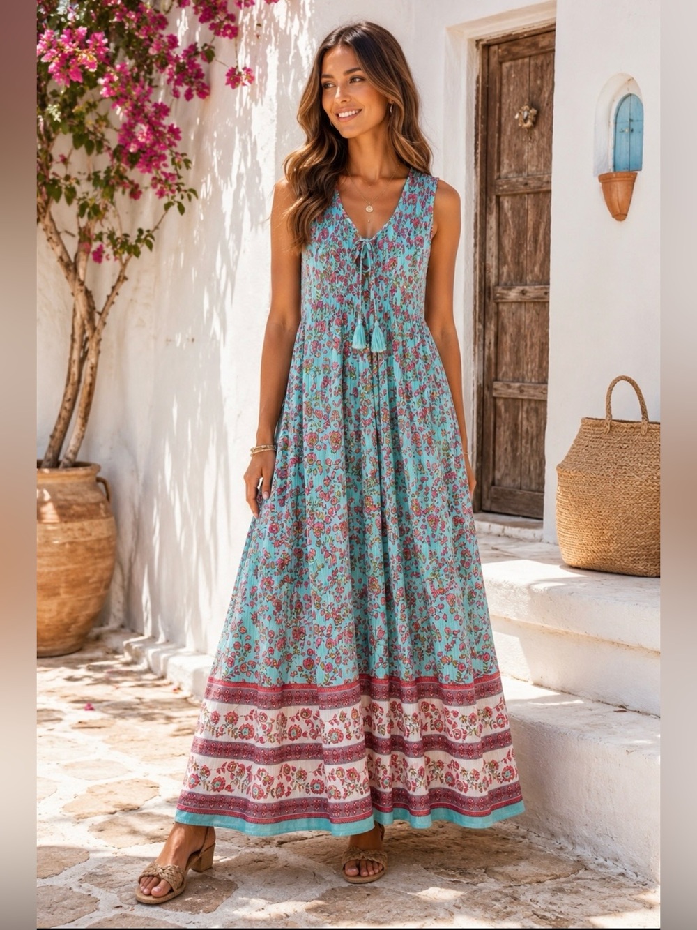 Papa Vancouver Floral Boho Maxi Dress Aqua Pink Border Print Size S